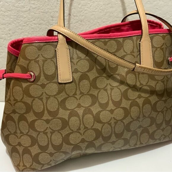 Coach Signature Bag F29084 Carryall Large Tote Drawstring Khaki Pomegranate Brow - Picture 5 of 14